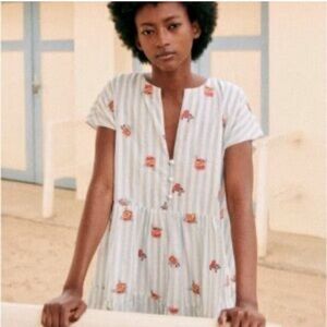 Sezane Saphir Dress Blue White Stripes Embroidered  Flowers Cotton Size 38 US 6